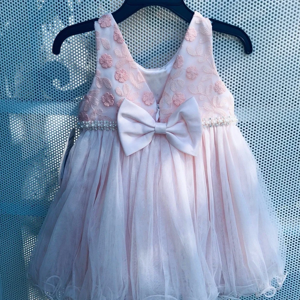 American Princess Light Pink Floral Pearl-Trim Tulle Dress